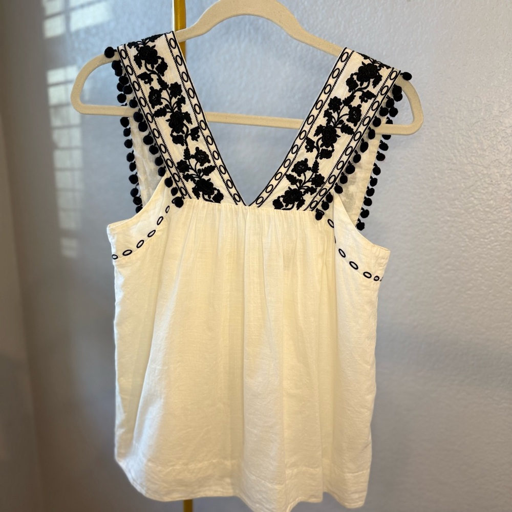 J Crew Elegant White Sleeveless Blouse with Black Embroidery